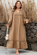 Chestnut Smocked V Neckline Leopard Piping Accent Plus Size Long Dress