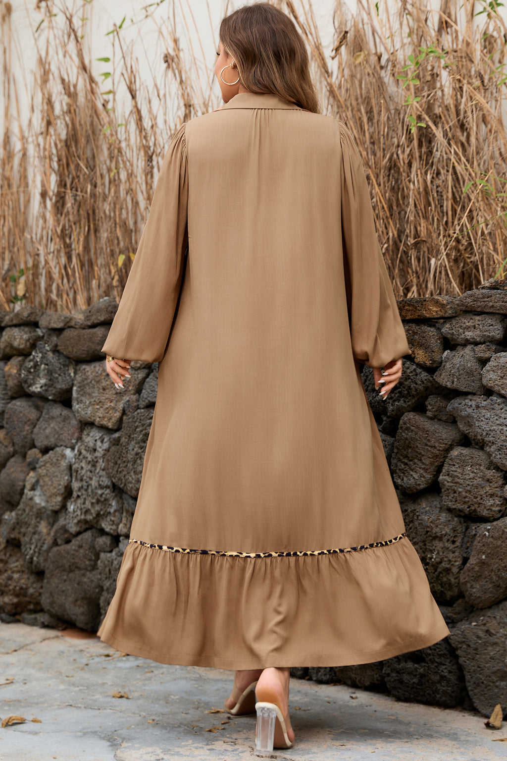 Chestnut Smocked V Neckline Leopard Piping Accent Plus Size Long Dress