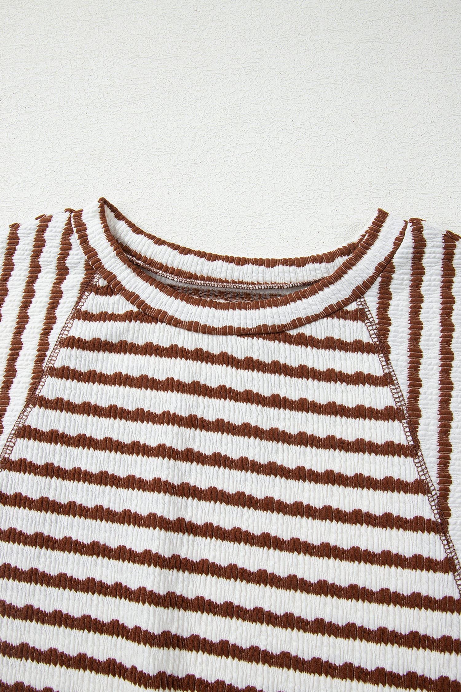 Blue Stripe Textured Knit Split Hem Half Sleeve Loose Top