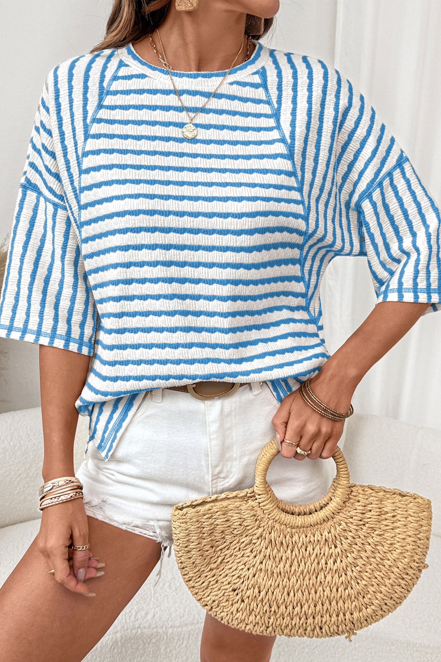 Blue Stripe Textured Knit Split Hem Half Sleeve Loose Top