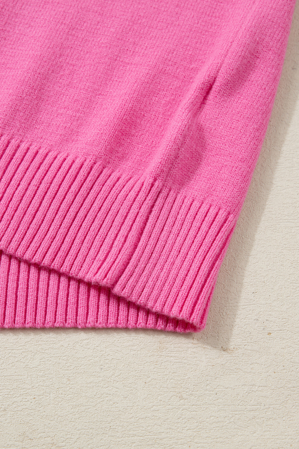 Sachet Pink Solid Color Ribbed Trim Round Neck Ruffle Short Sleeve Sweater