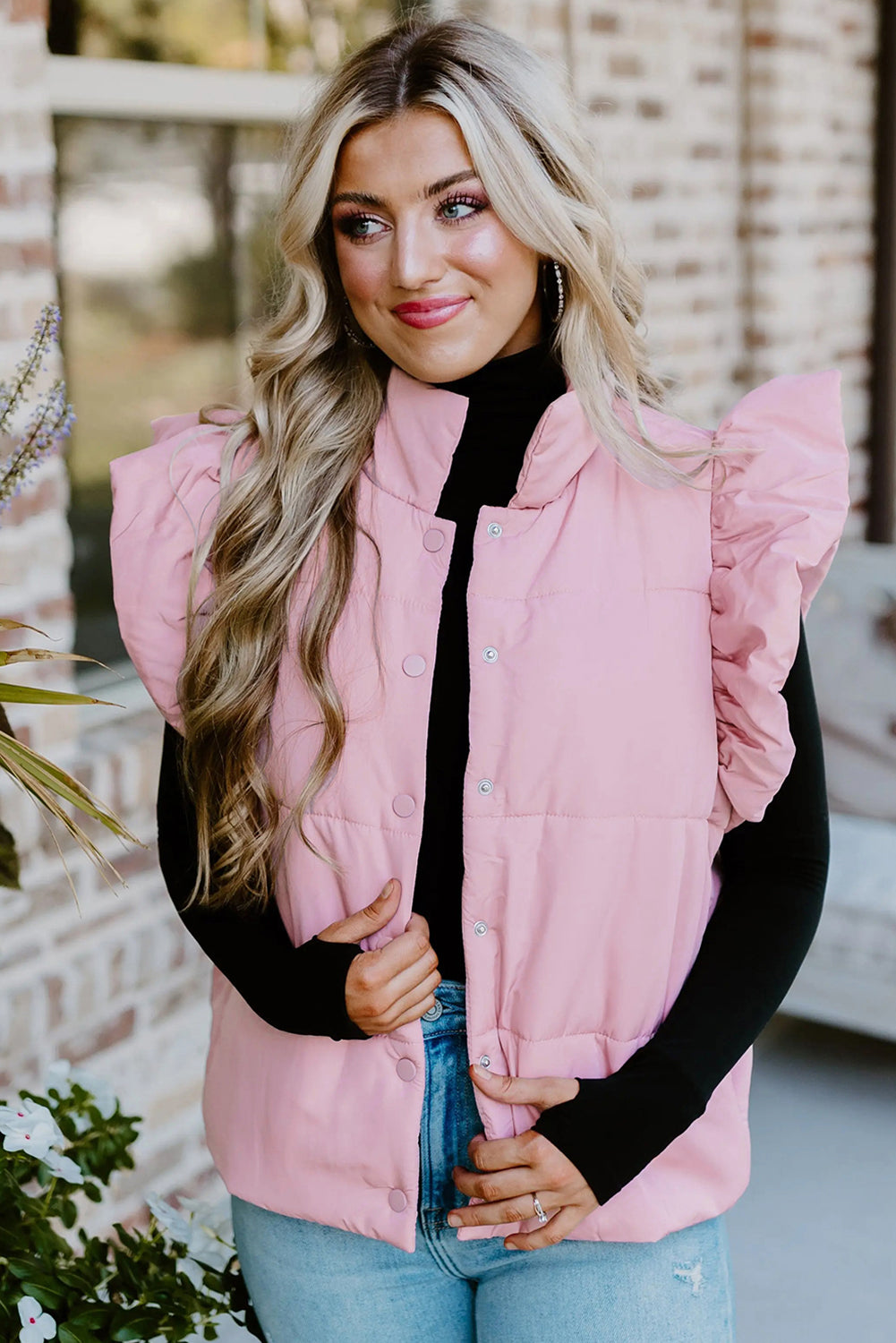 Pink Stand Neck Flutter Sleeve Snap Button Puffer Vest