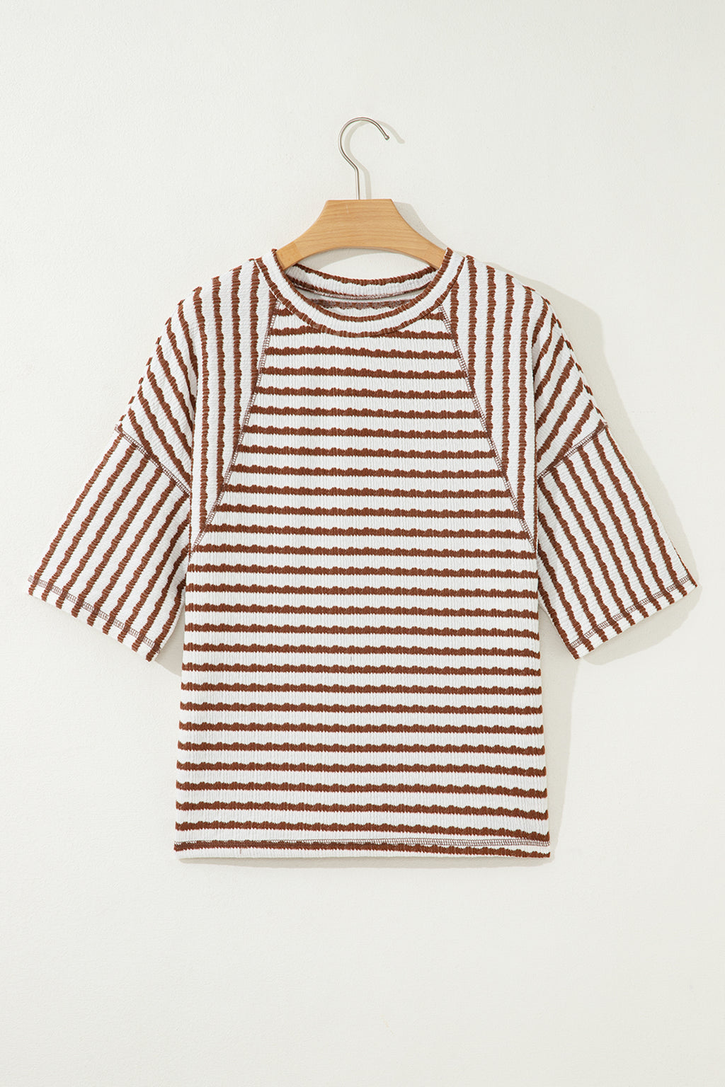 Blue Stripe Textured Knit Split Hem Half Sleeve Loose Top