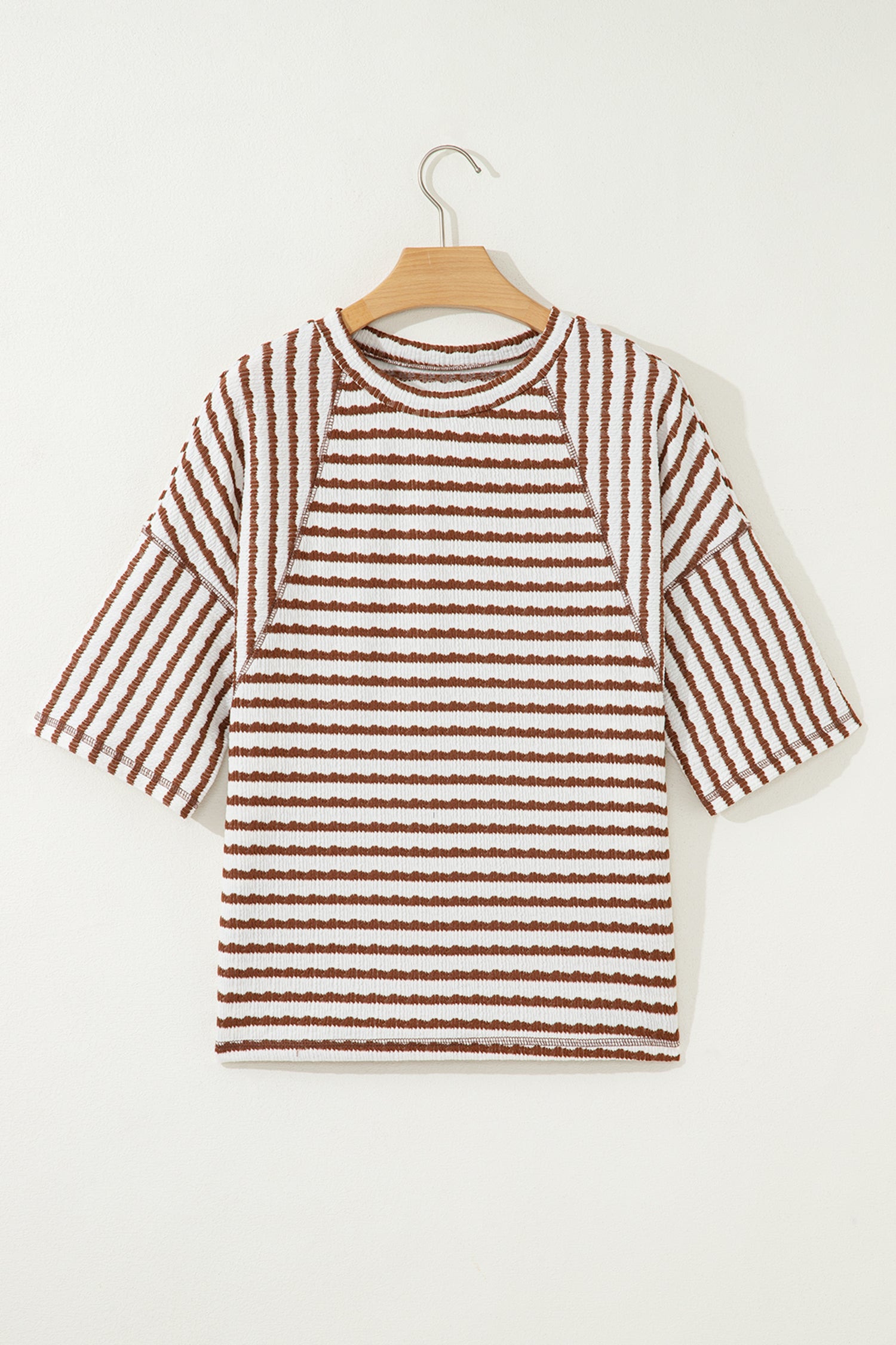 Blue Stripe Textured Knit Split Hem Half Sleeve Loose Top