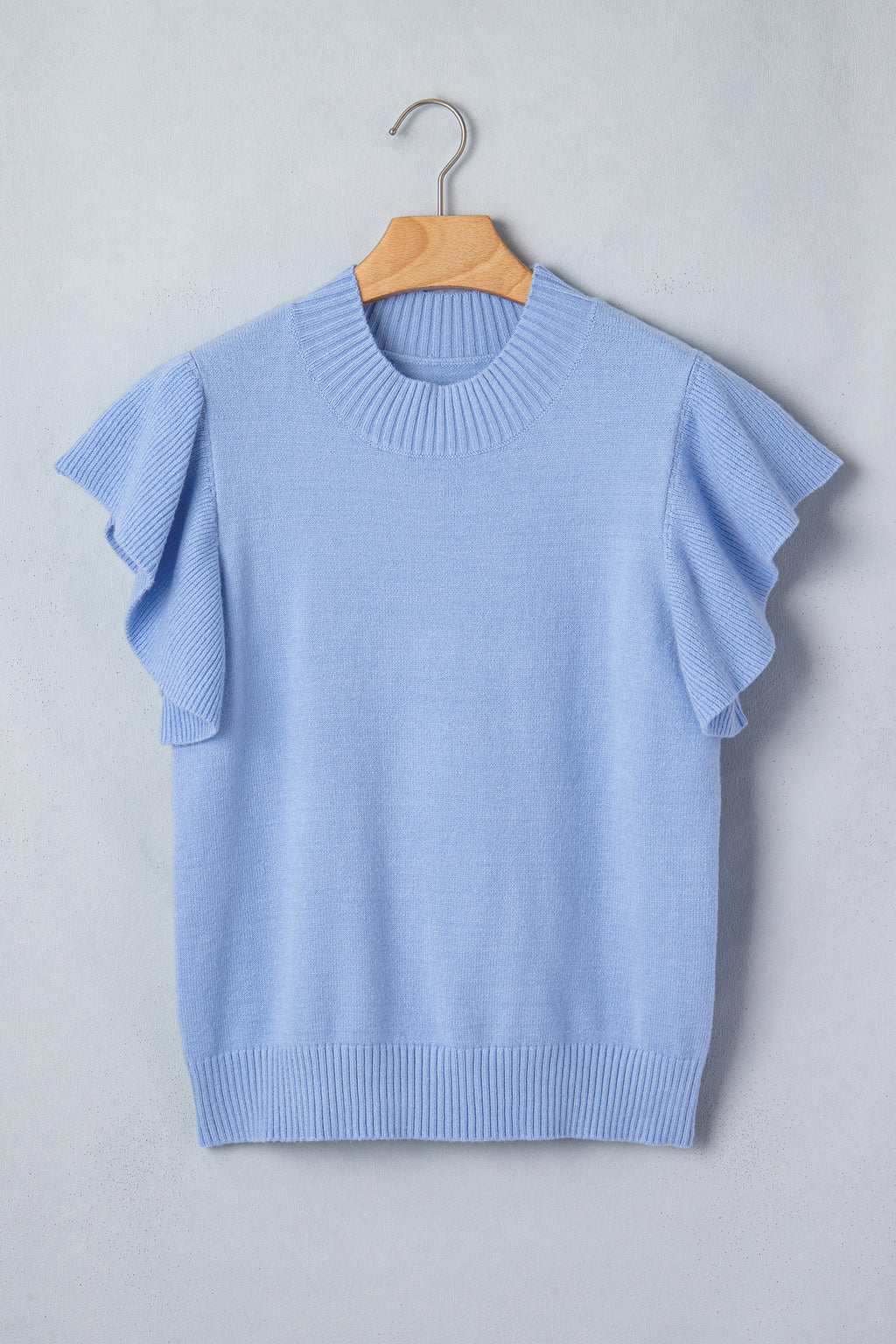 Sachet Pink Solid Color Ribbed Trim Round Neck Ruffle Short Sleeve Sweater