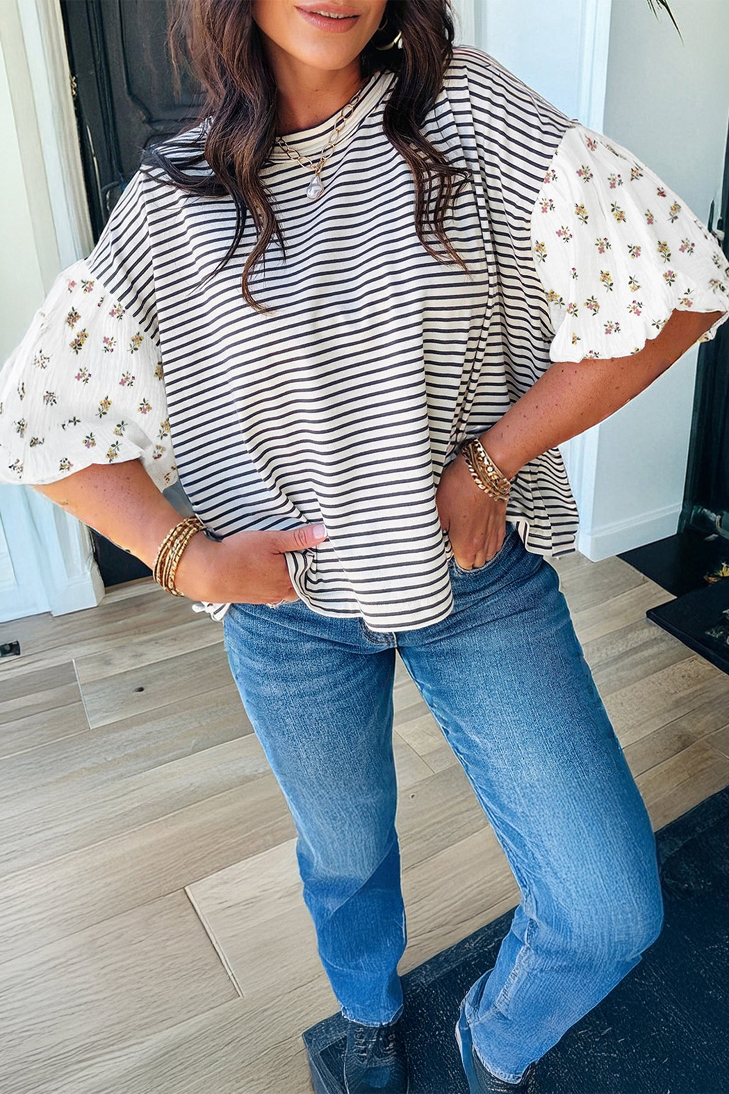 Black Stripe Floral Puff Sleeve Patchwork Round Neck Loose Top