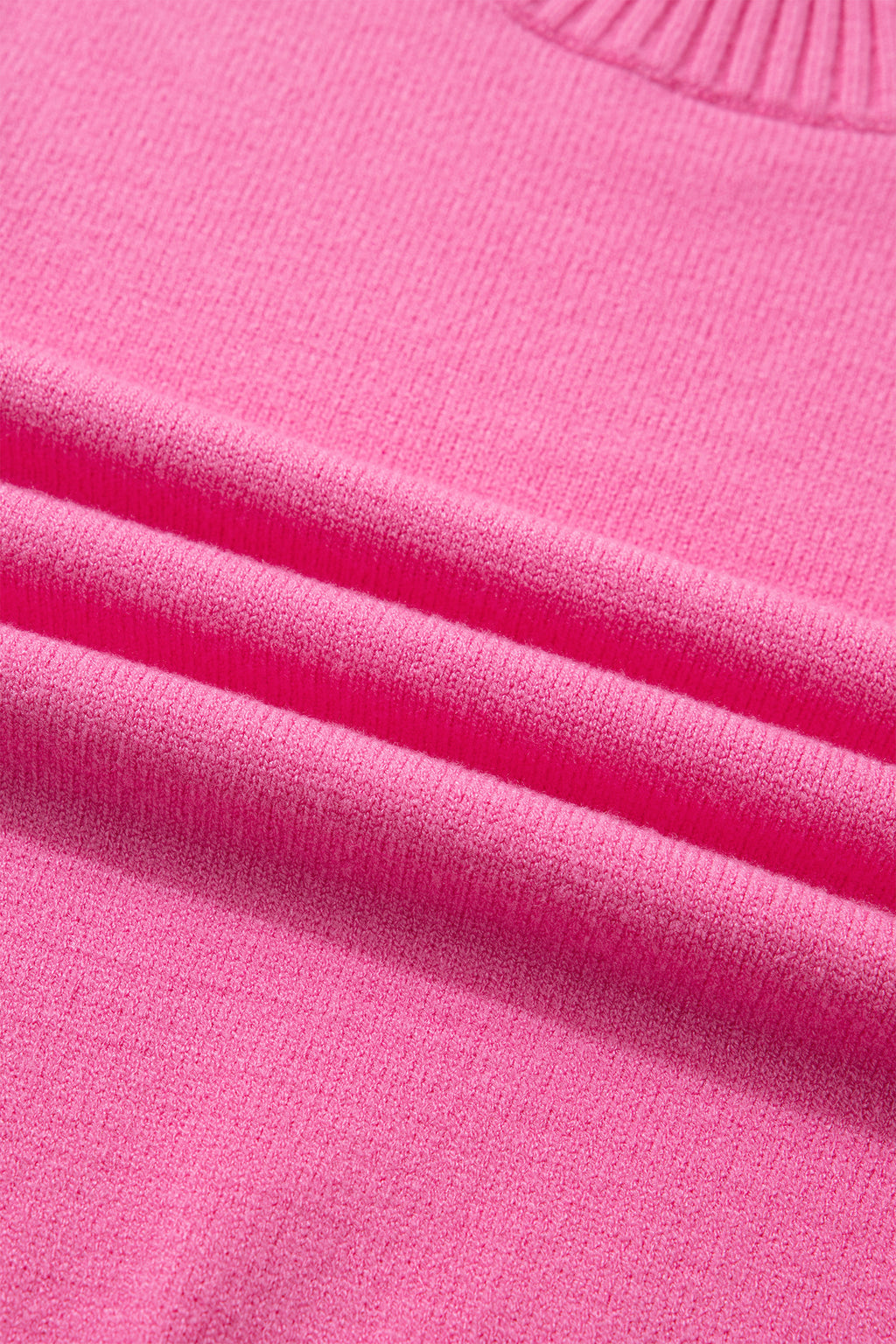 Sachet Pink Solid Color Ribbed Trim Round Neck Ruffle Short Sleeve Sweater