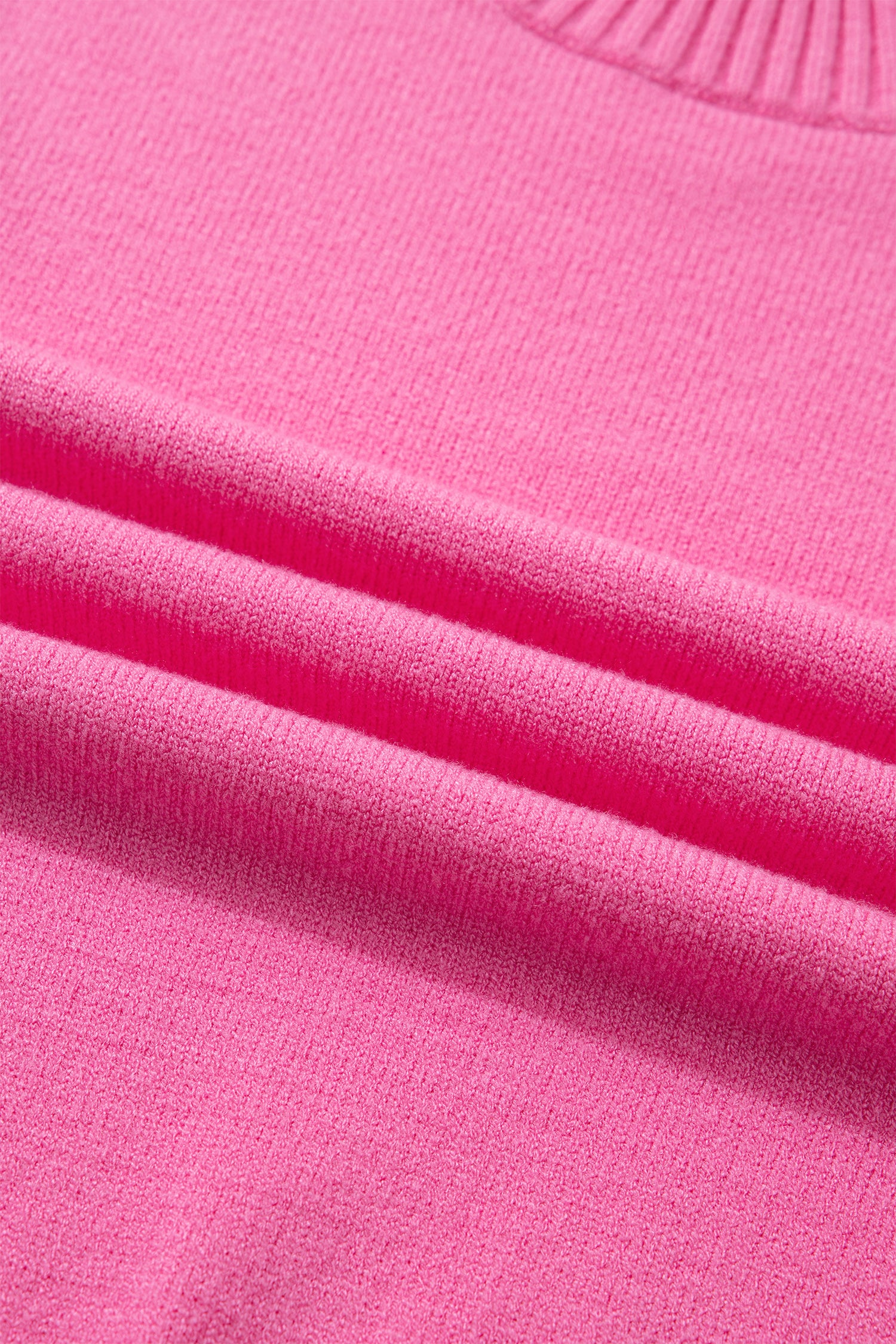 Sachet Pink Solid Color Ribbed Trim Round Neck Ruffle Short Sleeve Sweater