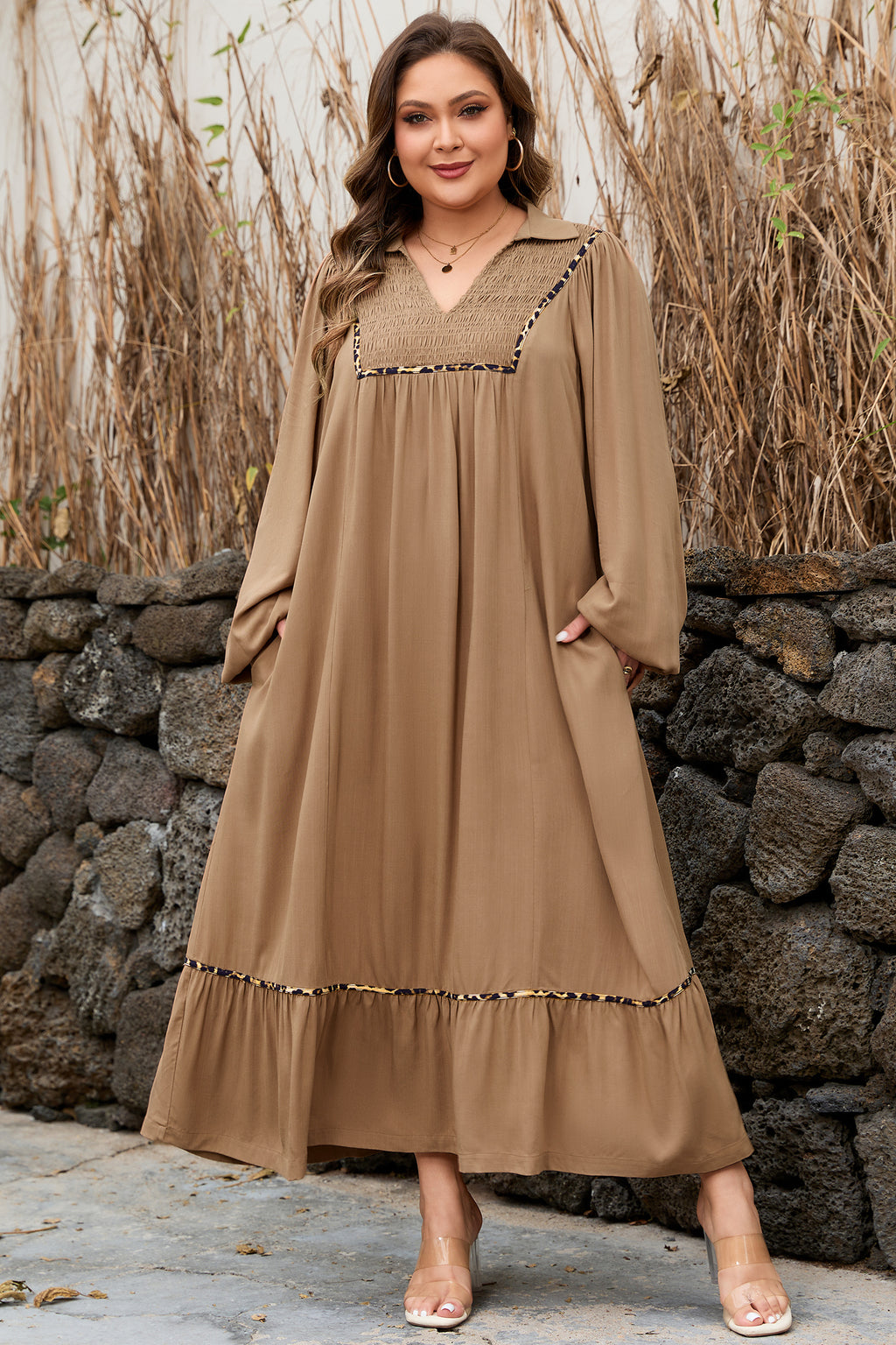 Chestnut Smocked V Neckline Leopard Piping Accent Plus Size Long Dress