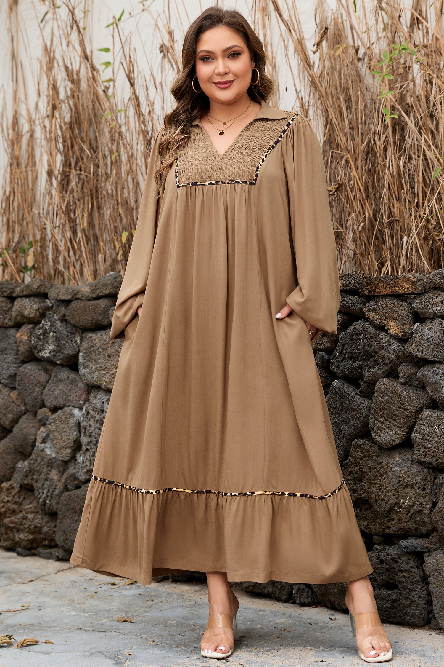 Chestnut Smocked V Neckline Leopard Piping Accent Plus Size Long Dress