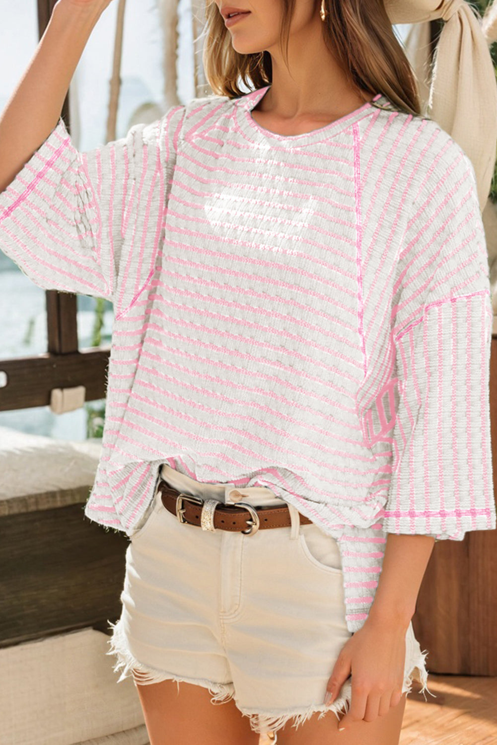 Blue Stripe Textured Knit Split Hem Half Sleeve Loose Top