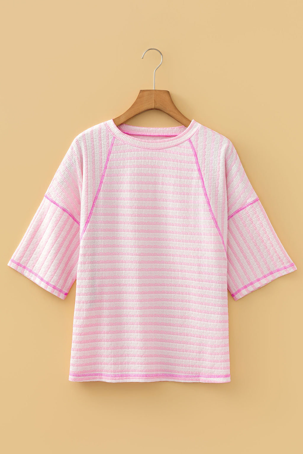 Blue Stripe Textured Knit Split Hem Half Sleeve Loose Top