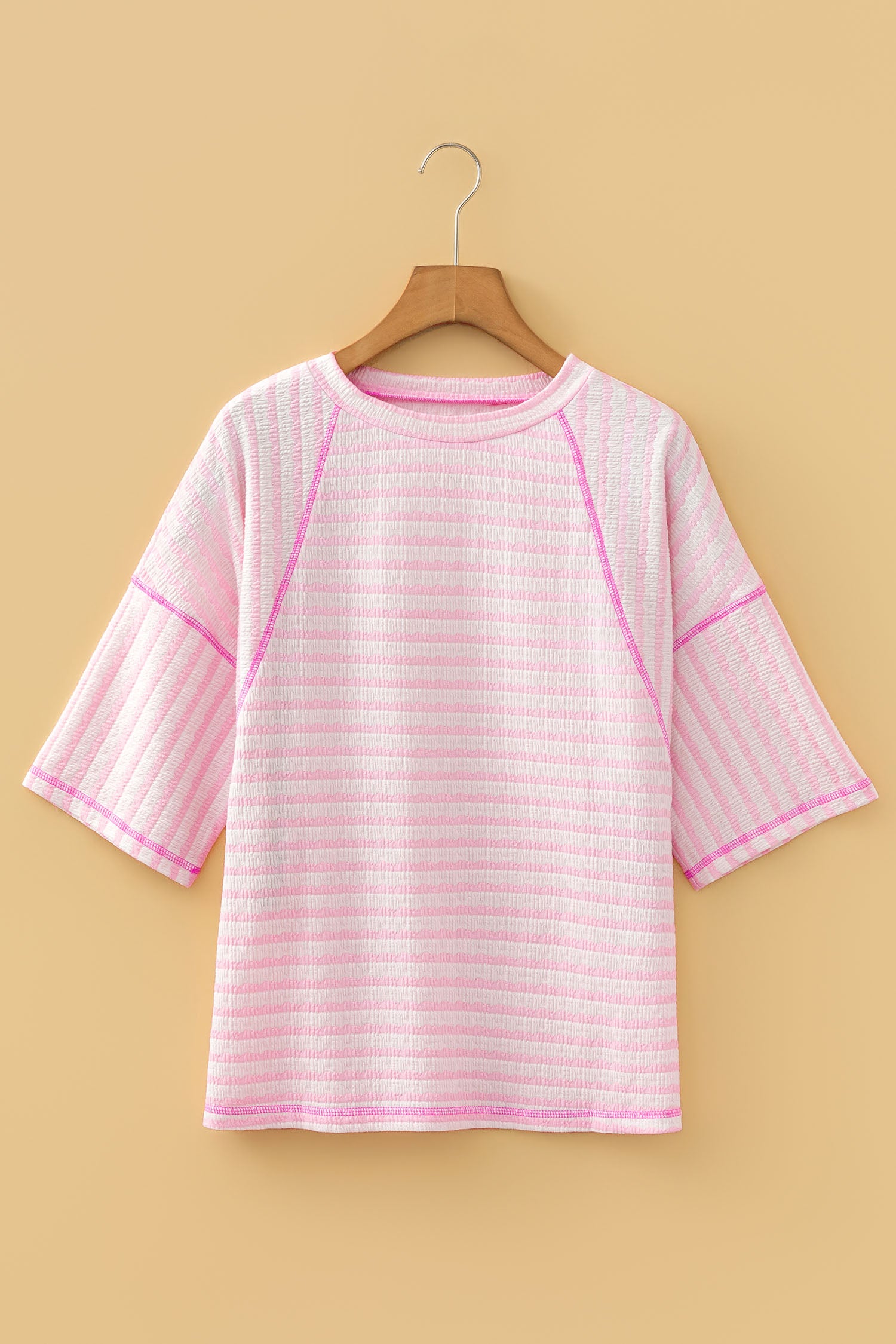 Blue Stripe Textured Knit Split Hem Half Sleeve Loose Top