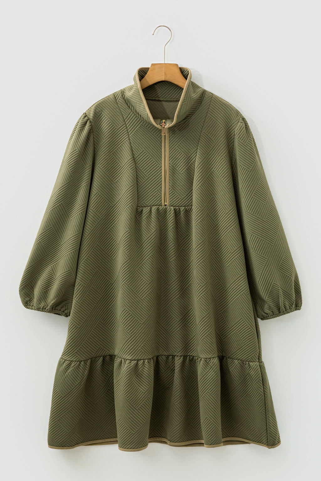 Jungle Green Plus Size Textured Contrast Trim Quarter Zip Sleeve Mini Dress