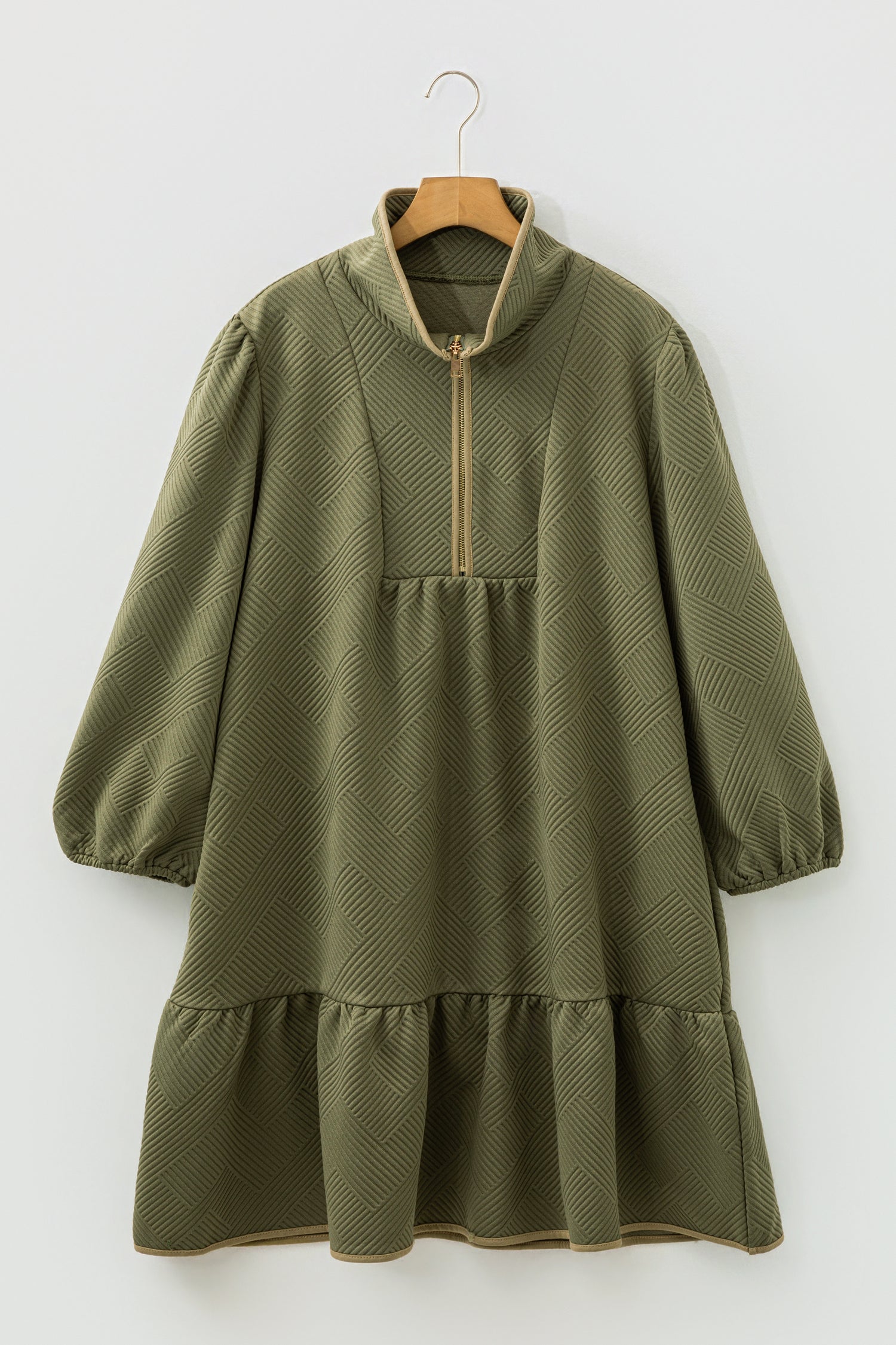 Jungle Green Plus Size Textured Contrast Trim Quarter Zip Sleeve Mini Dress