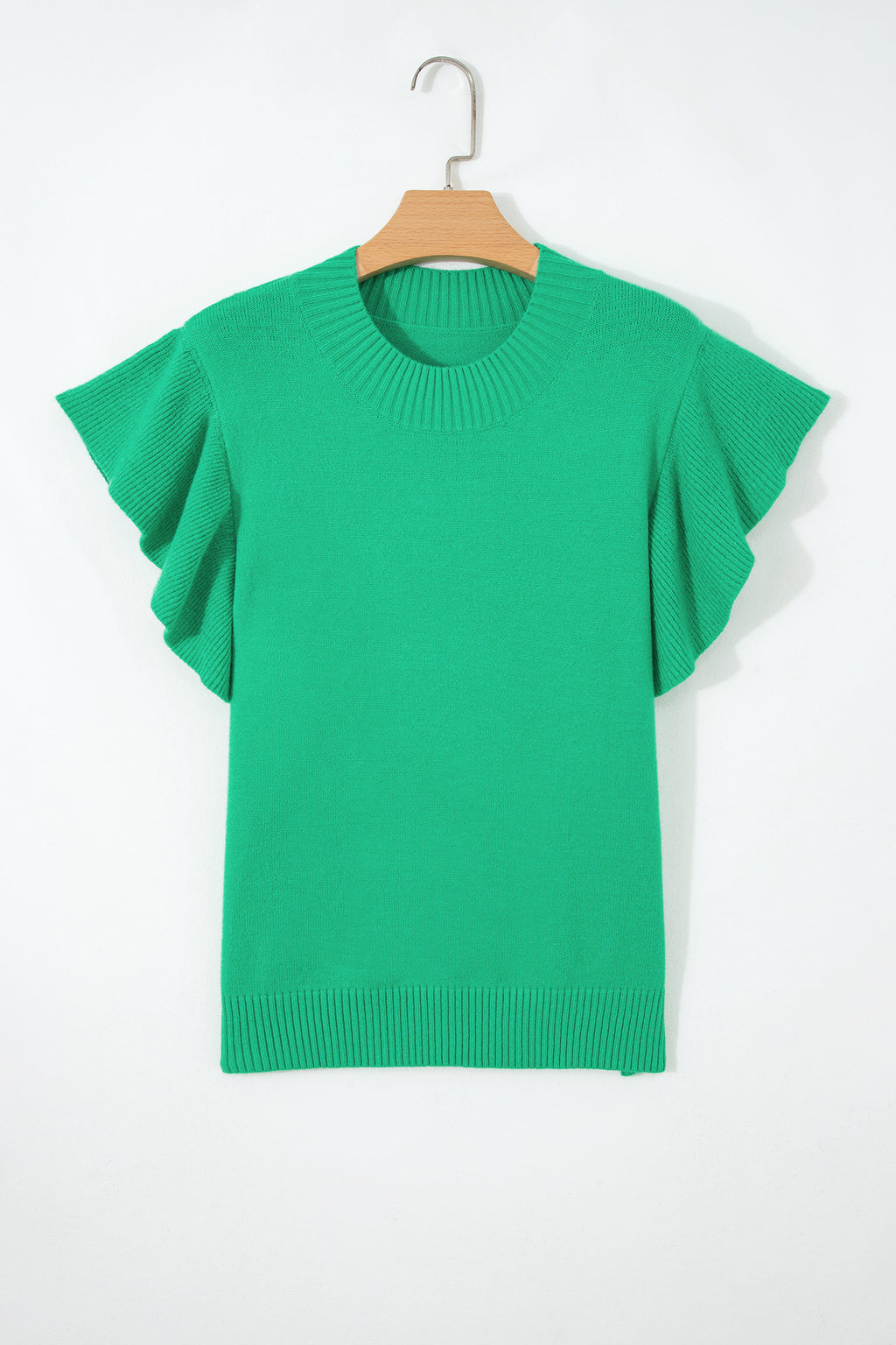 Sachet Pink Solid Color Ribbed Trim Round Neck Ruffle Short Sleeve Sweater