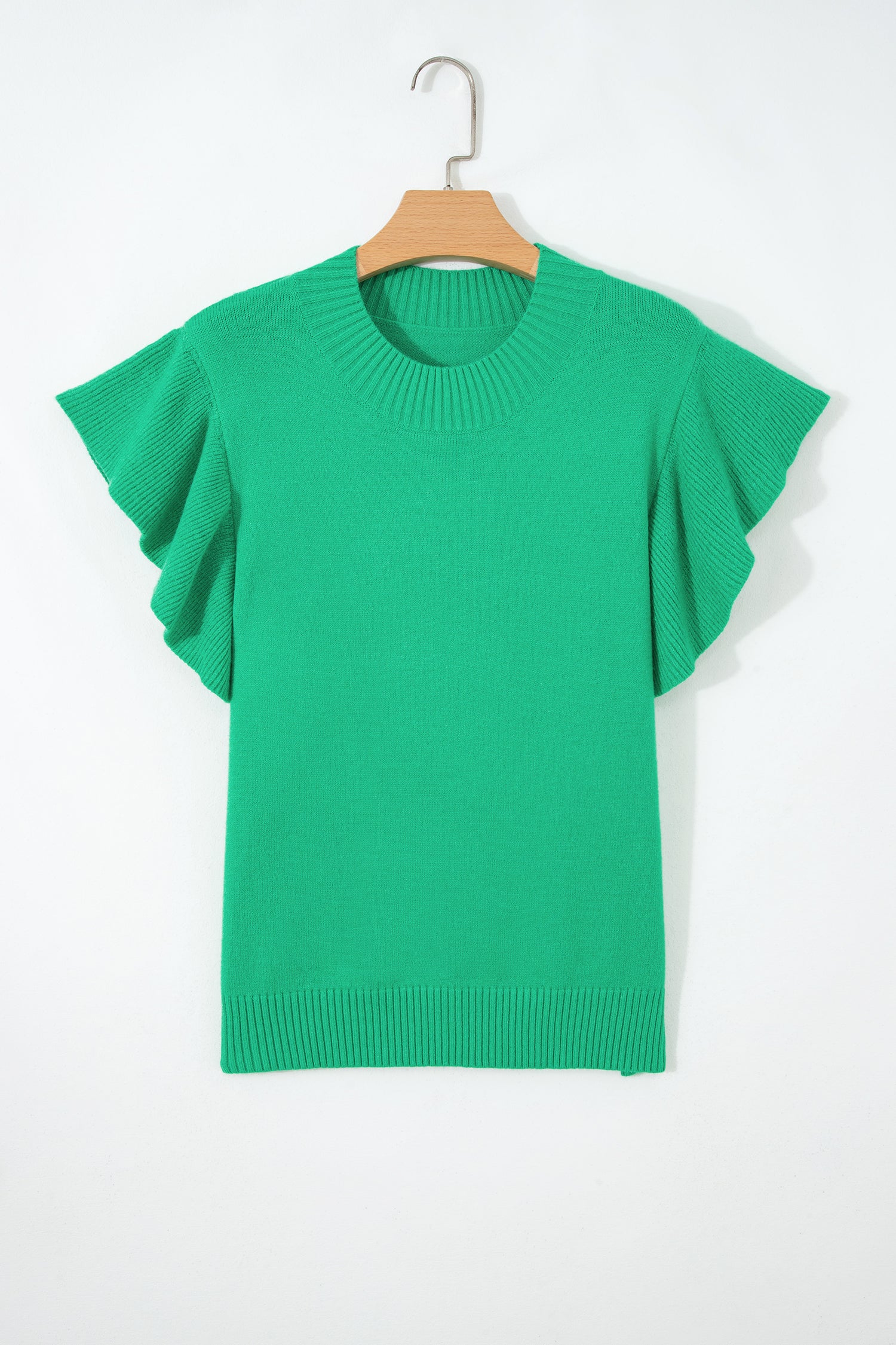 Sachet Pink Solid Color Ribbed Trim Round Neck Ruffle Short Sleeve Sweater