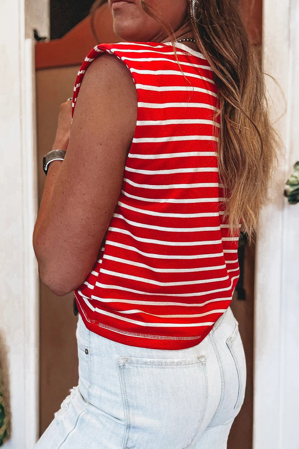 Brown Stripe Ribbed Round Neck Trim Loose Tank Top