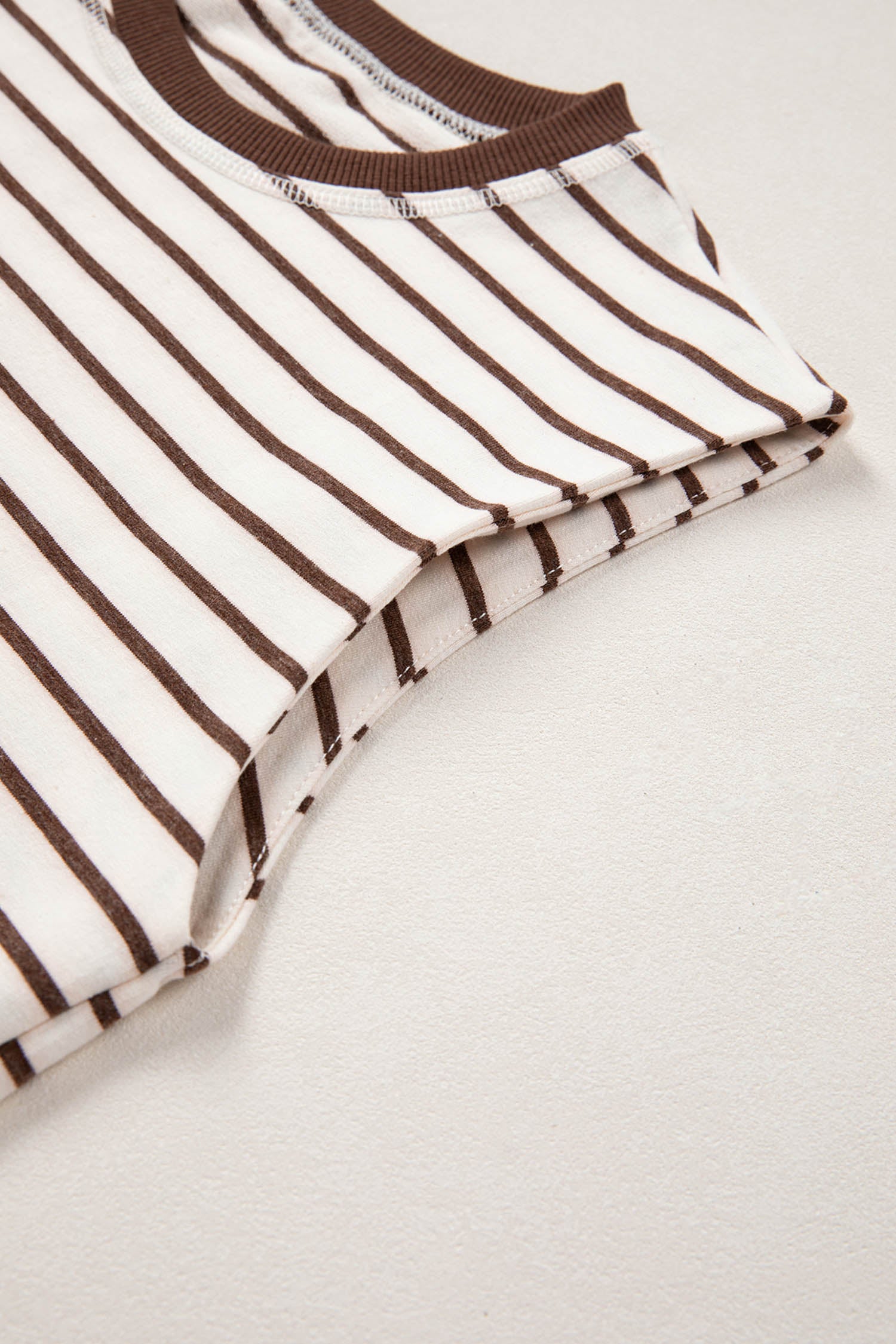 Brown Stripe Ribbed Round Neck Trim Loose Tank Top