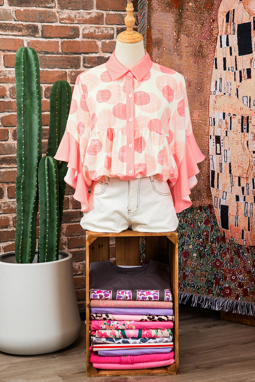 Pink Double Polka Dot Printed Ruffle Trim Short Sleeve Babydoll Shirt