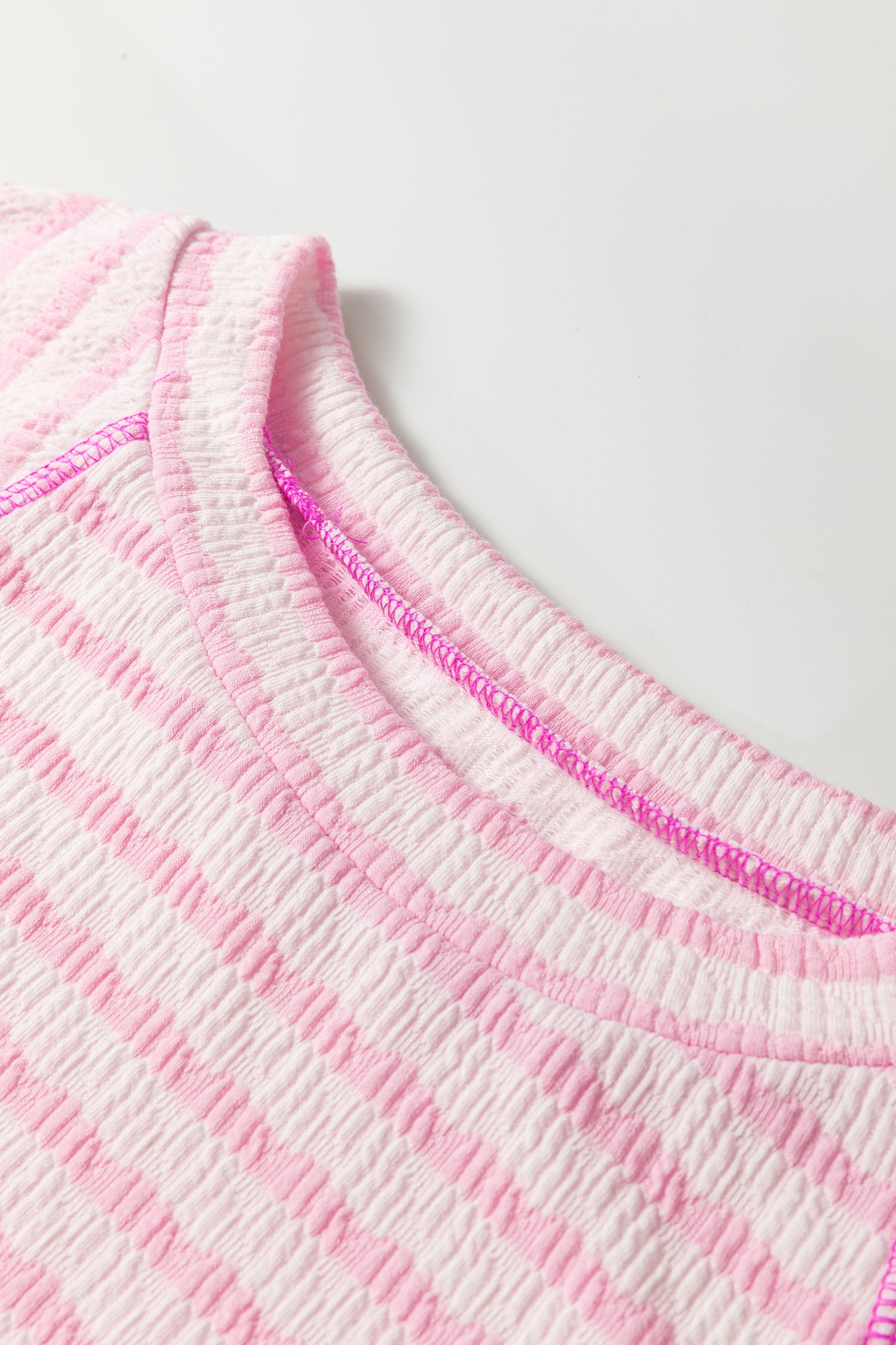 Blue Stripe Textured Knit Split Hem Half Sleeve Loose Top