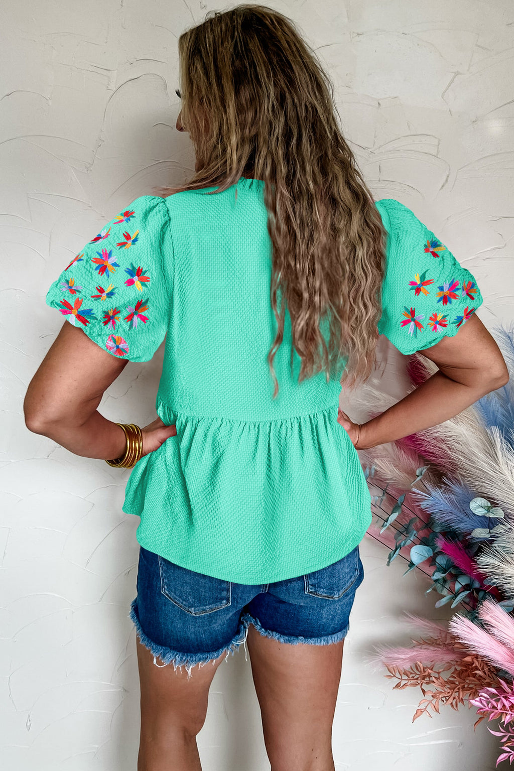 Mint Green Frilled V Neck Flower Embroidered Puff Sleeve Textured Blouse