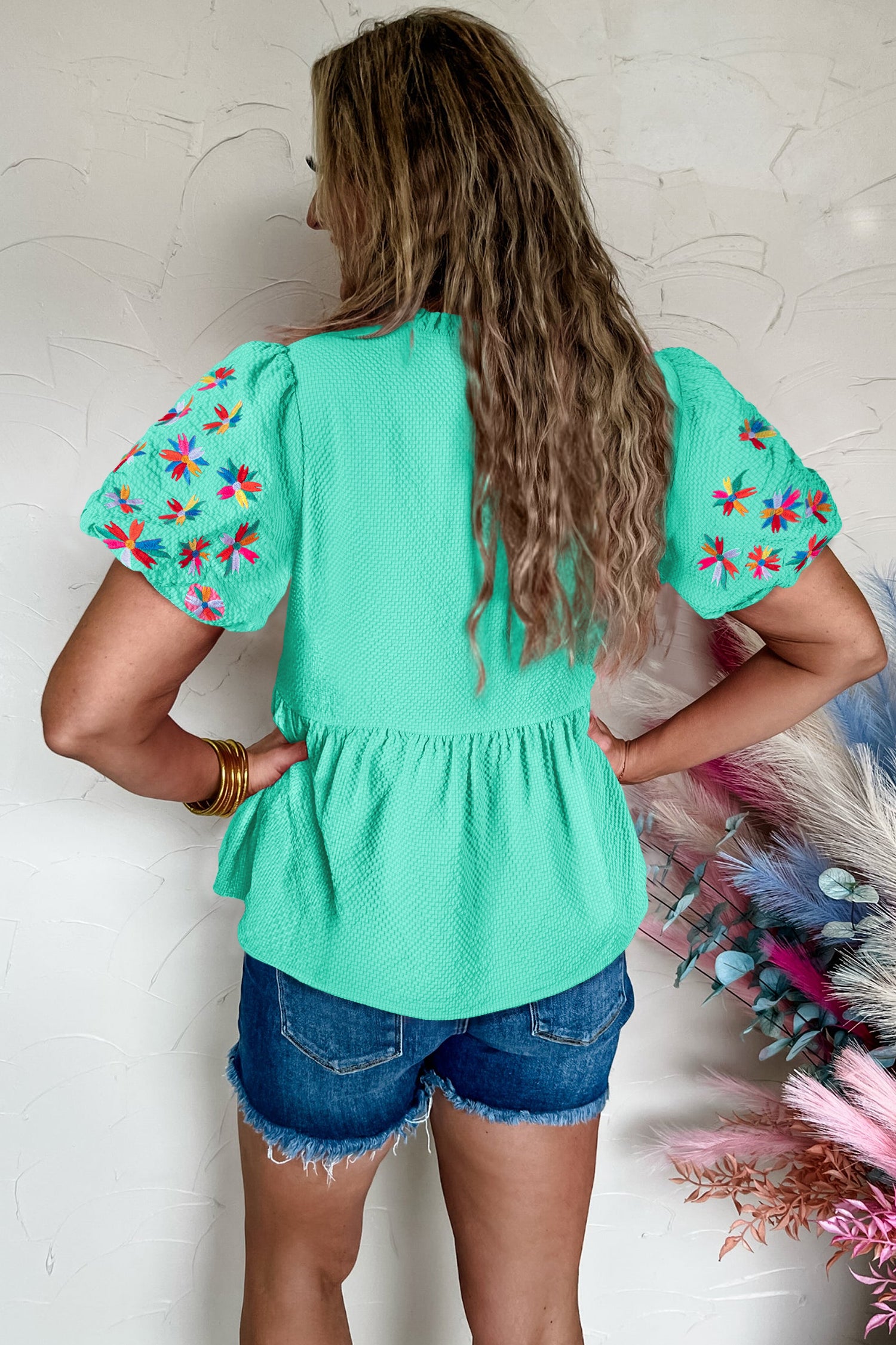 Mint Green Frilled V Neck Flower Embroidered Puff Sleeve Textured Blouse