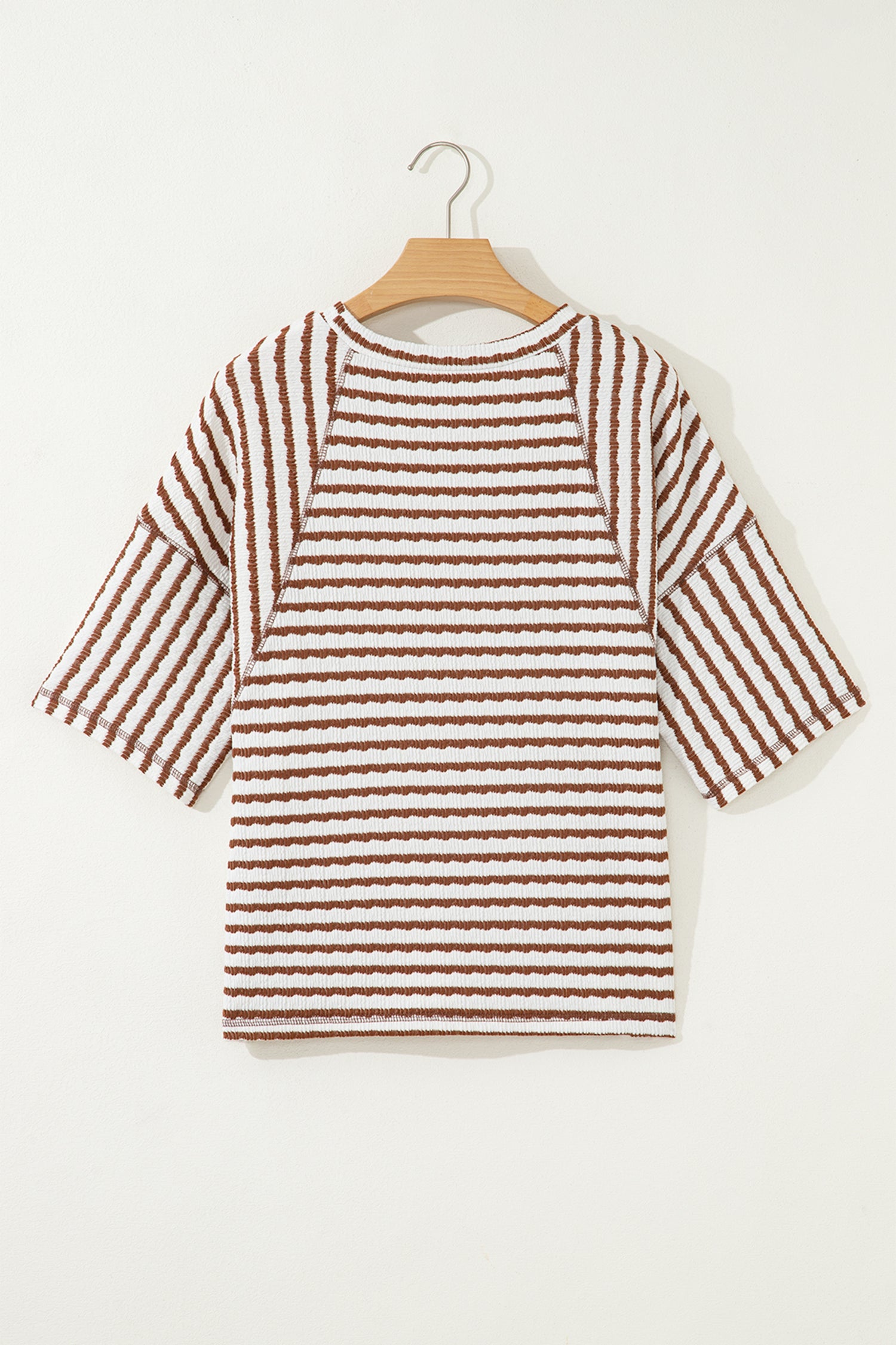 Blue Stripe Textured Knit Split Hem Half Sleeve Loose Top