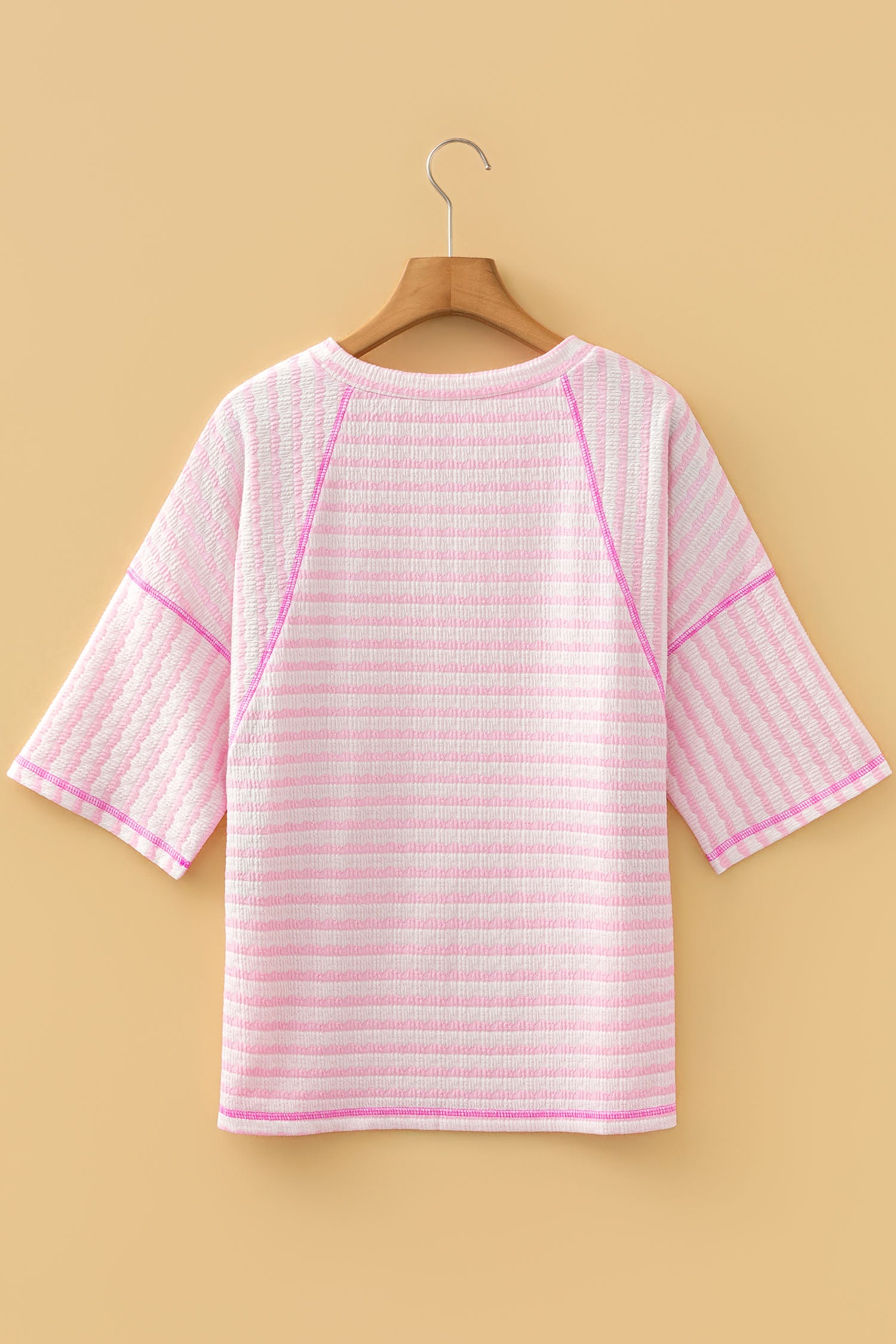 Blue Stripe Textured Knit Split Hem Half Sleeve Loose Top
