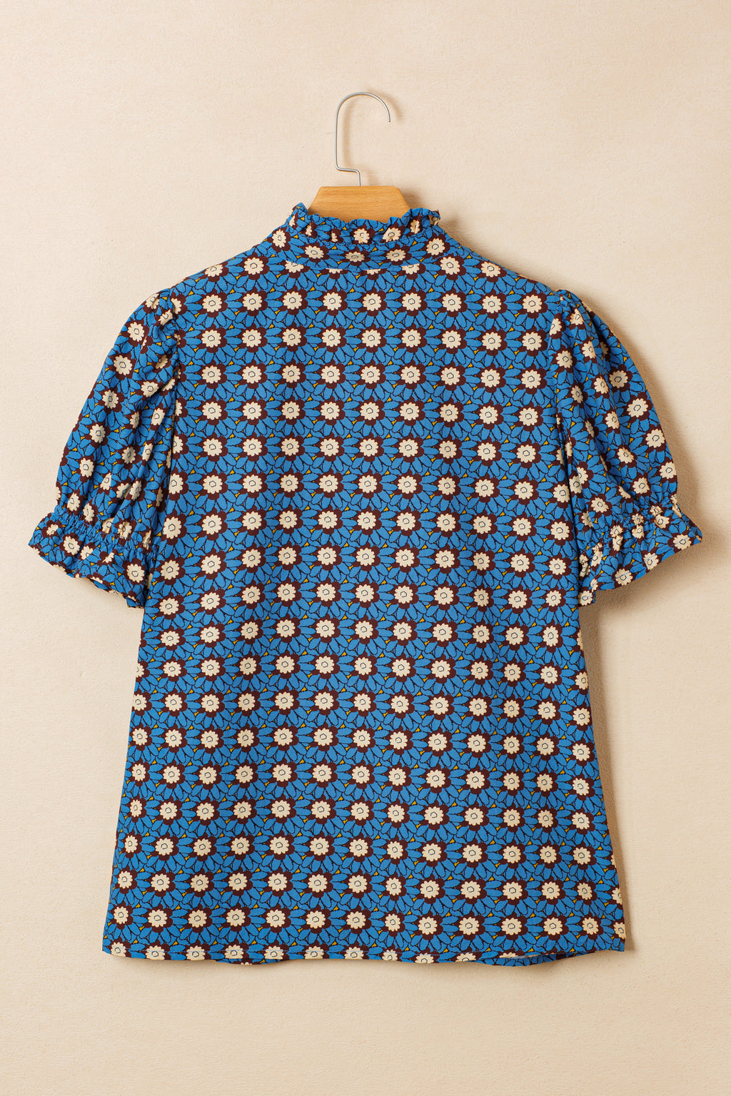 Sky Blue Retro Floral Print V Neck Pleated Detail Short Puff Sleeve Blouse