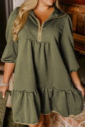 Jungle Green Plus Size Textured Contrast Trim Quarter Zip Sleeve Mini Dress